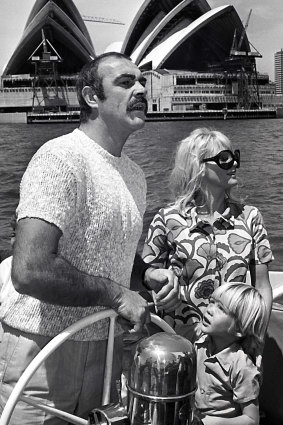 Connery with first wife Diane Cilento and son Jason on Sydney Harbour in 1968.