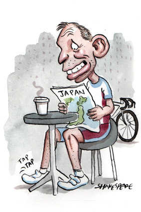 Tony Abbott is clocking up the kilometres on his bike before hitting the speakers' circuit. Illustration: John Shakespeare