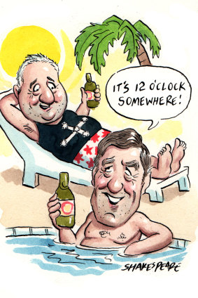 Dave Noonan and Michael O'Connor on holiday. Illustration: John Shakespeare