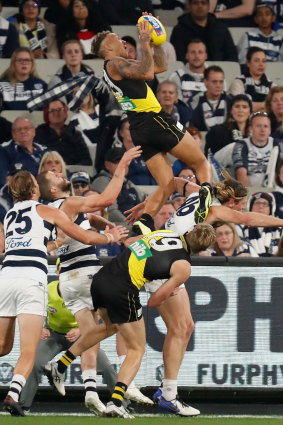 Shai Bolton’s screamer over Tom Lynch and Geelong’s Mark Blicavs.