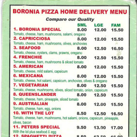 The menu from Tony Mokbel’s pizza parlour.