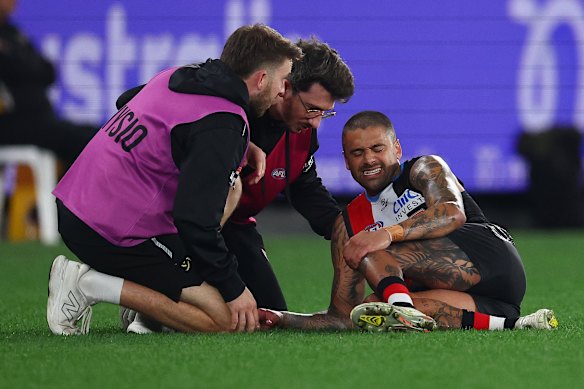 Bradley Hill brushed off a jarred knee to play out the match.