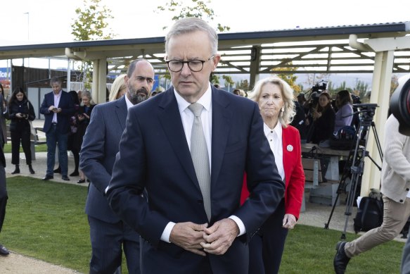 Labor leader Anthony Albanese after a doorstop in Launceston on Monday.