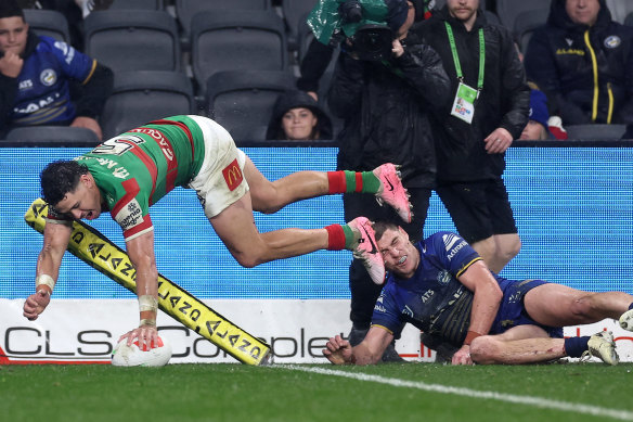 Jacob Gagai dives over for his second try of the night.
