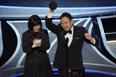 Ryusuke Hamaguchi accepting the award for best international feature film, for Drive My Car, at the Oscars in March 2022.