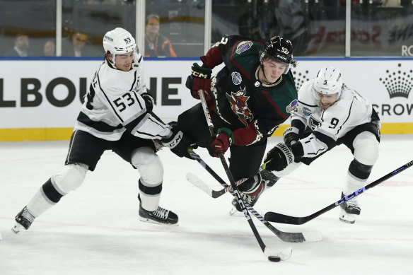 Logan Cooley of the Arizona Coyotes scores during the NHL Global Series match between Arizona Coyotes and Los Angeles Kings at Rod Laver Arena on Sunday.