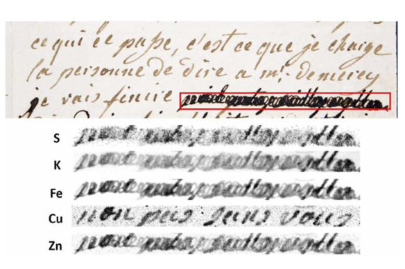 A letter dated January 4, 1792 by Marie-Antoinette, queen of France and wife of Louis XVI, to Swedish count Axel von Fersen, with a phrase (outlined in red) redacted by an unknown censor. The bottom half shows results from an X-ray fluorescence spectroscopy scan on the redacted words. The copper (Cu) section reveals the French words, “non pas sans vous” (“not without you”). 