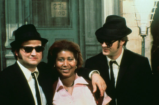 John Belushi, Aretha Franklin and Dan Aykroyd on the set of The Blues Brothers.