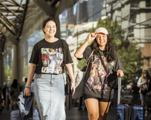 Tourists Siobhan Rafter (left) and Lillian Dahya went to the Saturday Taylor Swift concert and spent days shopping in Melbourne.