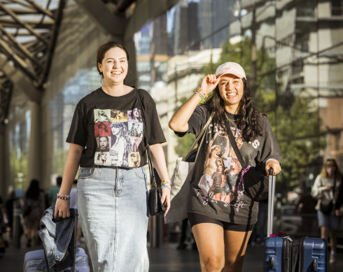 Tourists Siobhan Rafter (left) and Lillian Dahya went to the Saturday Taylor Swift concert and spent days shopping in Melbourne.