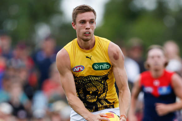 Tylar Young in action during the 2023 AFL practice match between the Melbourne Demons and the Richmond Tigers at Casey Fields on March 4, 2023 in Melbourne, Australia. 