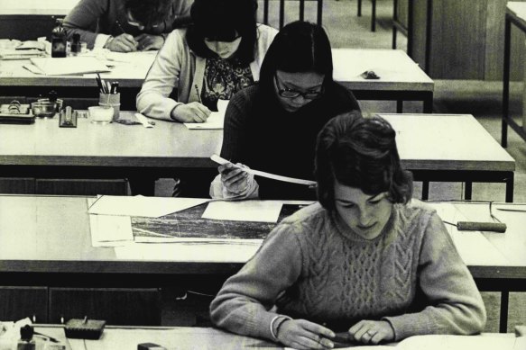 Young women working in a state government department in the city on August 18, 1972.