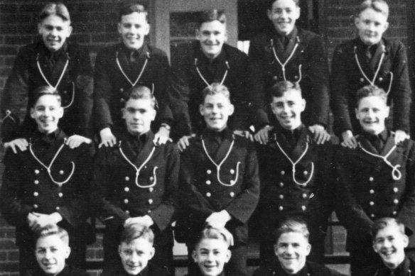 Guy Griffiths, second from left in the middle row, with his third-year class of cadet midshipmen at Victoria’s Flinders Naval Depot in 1939. 