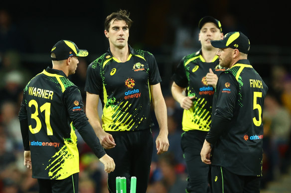 Pat Cummins of Australia celebrates dismissing Kyle Mayers of West Indies during game one of the T20 International series.