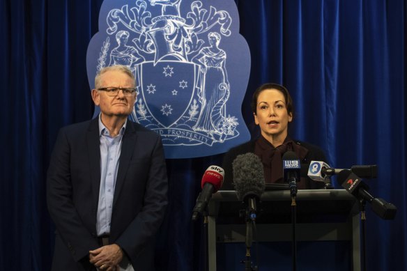 Minister for Emergency Services Jaclyn Symes and ESTA chief executive Stephen Leane address the media on Thursday.