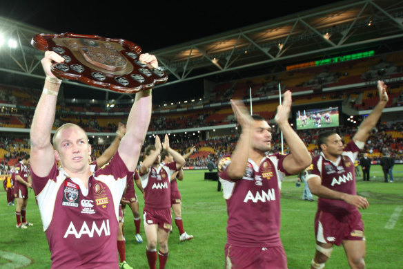 Queensland captain Darren Lockyer holds the Origin shield, which the Maroons had already secured before game three.