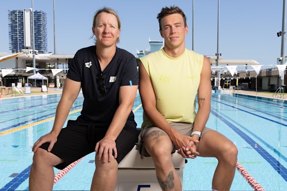 Swimming coach Mel Marshall with Australian swimmer Zac Stubblety-Cook at the Gold Coast Aquatic Centre in January 2025. 