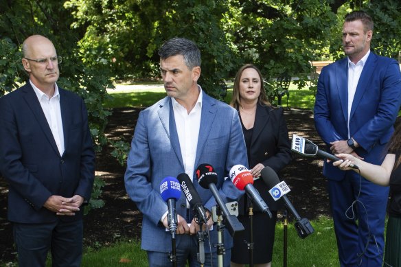 Opposition Leader Brad Battin (centre) on Tuesday, with Nationals leader Danny O’Brien (left), finance spokeswoman Bridget Vallence and deputy Liberal leader Sam Groth.