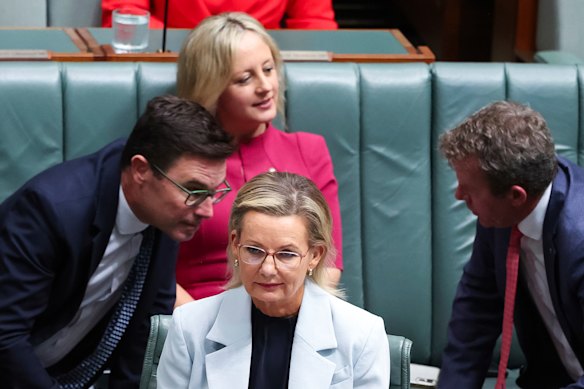 David Littleproud, Melissa McIntosh and Dan Tehan with Sussan Ley (front) in federal parliament this week.