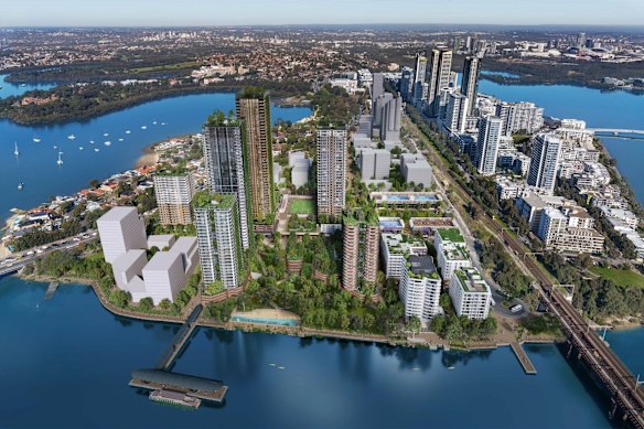 Billbergia’s plan for Rhodes East, depicted in the left of this artist’s impression.