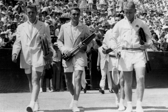 Legends of the day: Americans Tony Trabert and Vic Seixas, and Australia's Ken Rosewall and Lew Hoad, before their Davis Cup clash at White City in 1954.