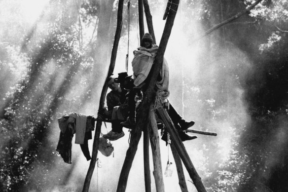 Anti-logging protesters atop a timber tripod used to block a road in the Chaelundi State Forest west of Dorrigo during the forest wars in 1991.