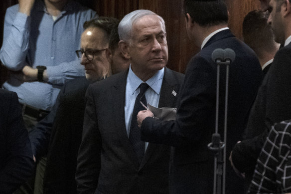 Israeli Prime Minister Benjamin Netanyahu on the floor of the parliament on Monday.