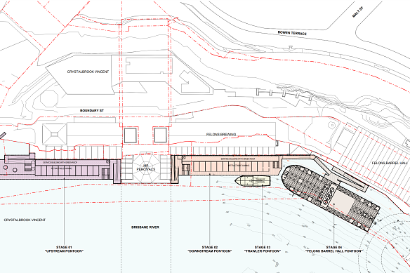 Plans for an expansion of Brisbane’s Howard Smith Wharves, including a permanently moored and decommissioned barge and trawler.