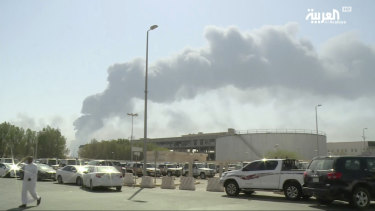 An image made from a video broadcast on the Saudi-owned Al-Arabiya satellite news channel showing smoke from a fire at the Abqaiq oil processing facility.
