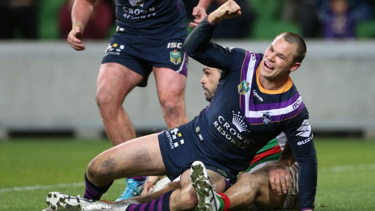 Topsy-turvy contest: Cheyse Blair celebrates the try that levelled the scores late in the match.