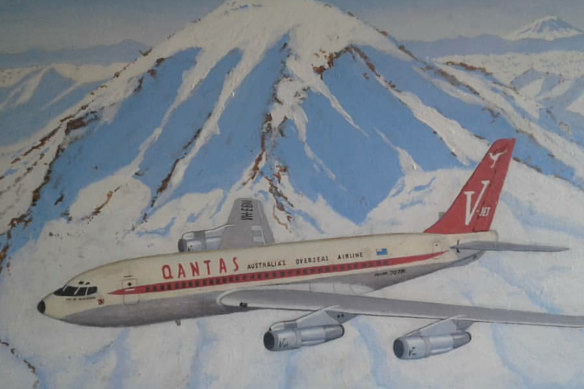 A painting of a Qantas 707 flying past Mount Rainier near Seattle.