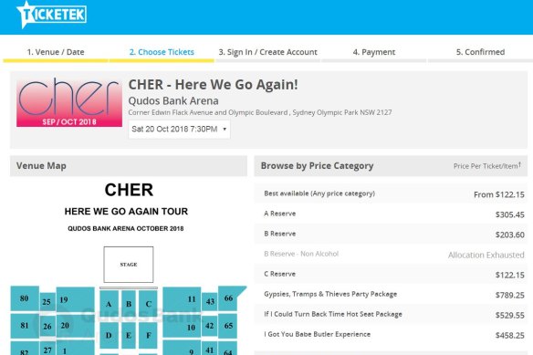 Cher tickets were selling for $305.45 on Friday, June 1.
