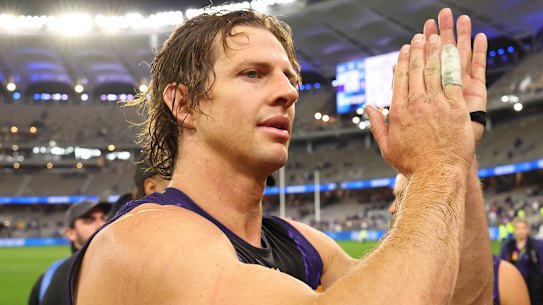Fitting farewell: Nat Fyfe of the Dockers acknowledges the fans in round 14.