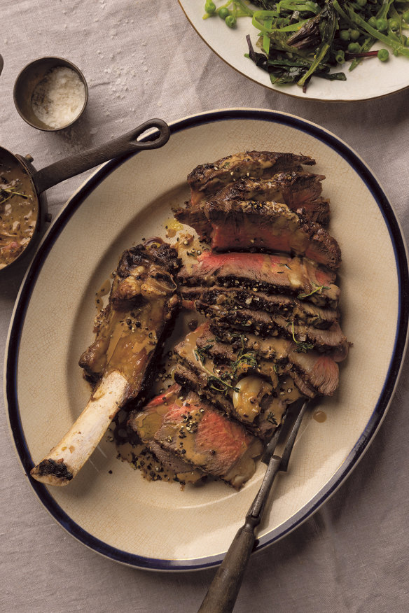 Steak with pepper sauce for one.