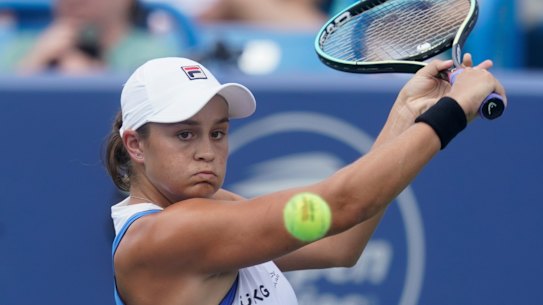 Ashleigh Barty returns a shot to Jil Teichmann in the final of the Western & Southern Open.