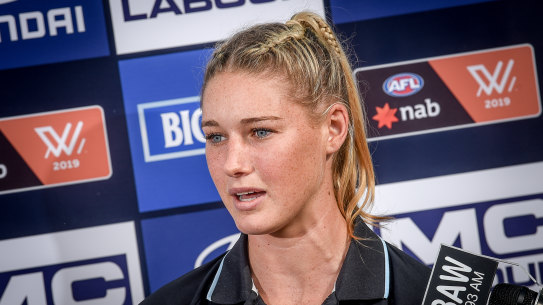 Carlton AFLW Tayla Harris speaking at a press conference about social media comments.