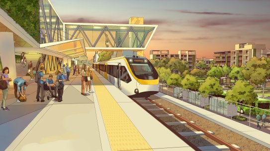 An artist’s impression of one of the stations along the Direct Sunshine Coast Rail Line.