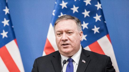 Mike Pompeo, US secretary of state, speaks during a news conference with Peter Szijjarto, Hungary's foreign minister.