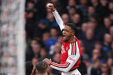 Ezri Konsa of Arsenal celebrates scoring his team’s first goal.