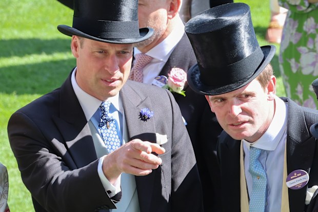 Zara Tindall, Prince William, Prince of Wales, and his close friend James Meade, with Sir Francis Brooke at day two of Royal Ascot on June 19, 2024. 