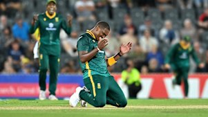 Lungi Ngidi celebrates a key wicket for South Africa.