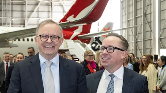 Prime Minister Anthony Albanese pictured with former Qantas CEO Alan Joyce last month.