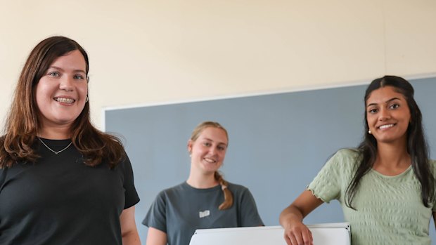 Ringwood Secondary College food studies teacher Natalie Murray, with students who received 50s in her class, Natalie Barr and Sophie Aravindhan.