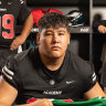 Gold Coast NFL Academy students Hamza El-Ghobashy, Nikau Hepi and their coach Will Bryant who scouted Jordan Mailata to play for the NFL. 