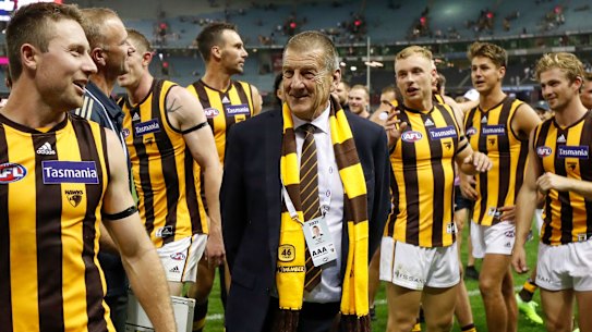 Jeff Kennett with Hawthorn players after their one point win over Essendon earlier in the season.