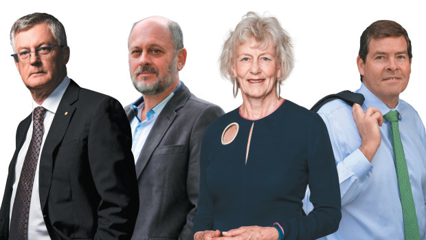 Under fire (from left): Martin Parkinson, Tim Flannery, Jillian Broadbent, Oliver Yates.