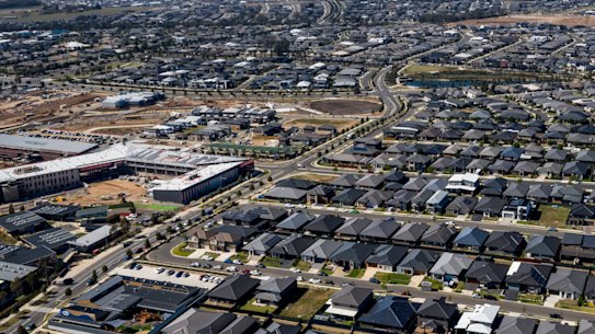 An aerial view of the sprawling new housing estates of Oran Park.