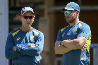 Limited-overs captain Aaron Finch, right, with coach Justin Langer.