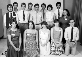 Fairfax’s cadet intake (including for the Herald) for 1982. From left (back row). Paul Loudon, Peter Hartcher, David Monaghan, Stephen Rice, Peter Denton, Andrew Keenan, Belinda Chayko, John Hill and Jenna Price. From left (front row), Amanda Buckley, Anne Hayward, Samantha Harrison, Patricia Sheahan and Stephen Hutcheon.