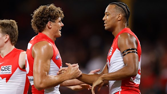 Charlie Curnow and Joel Amartey celebrate victory over Carlton.
